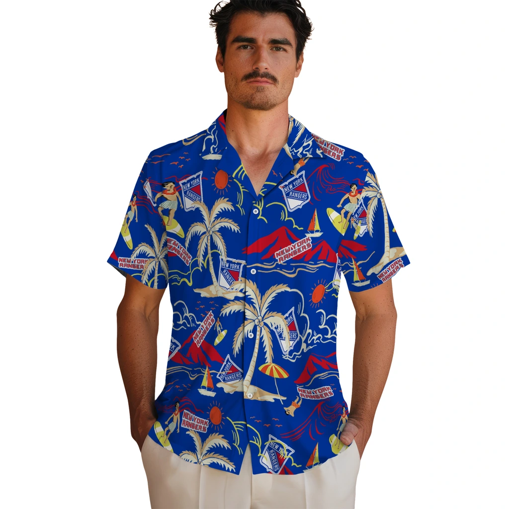 New York Rangers Hawaiian Shirt - Palm Tree Island new york rangers palm tree island blue hawaiian shirts fashion forward