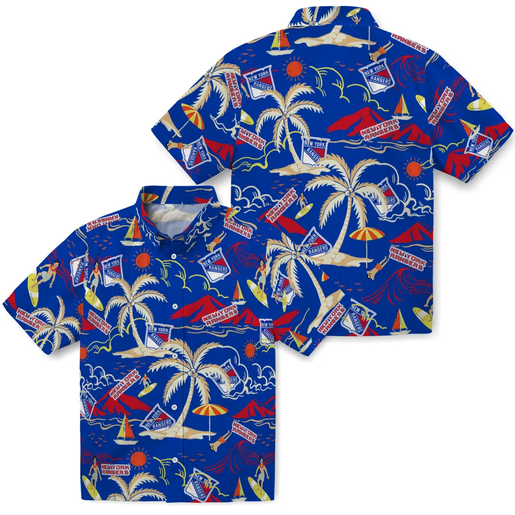 New York Rangers Hawaiian Shirt - Palm Tree Island new york rangers palm tree island blue hawaiian shirts high quality