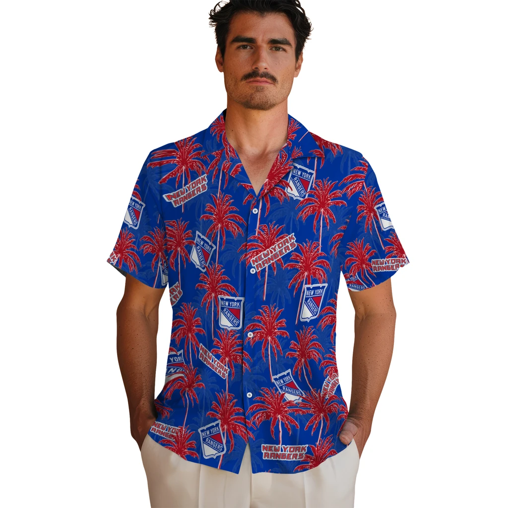 New York Rangers Hawaiian Shirt - Palm Tree Motif new york rangers palm grove blue hawaiian shirts fashion forward