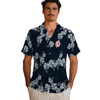 new york yankees hibiscus petals navy hawaiian shirts fashion forward