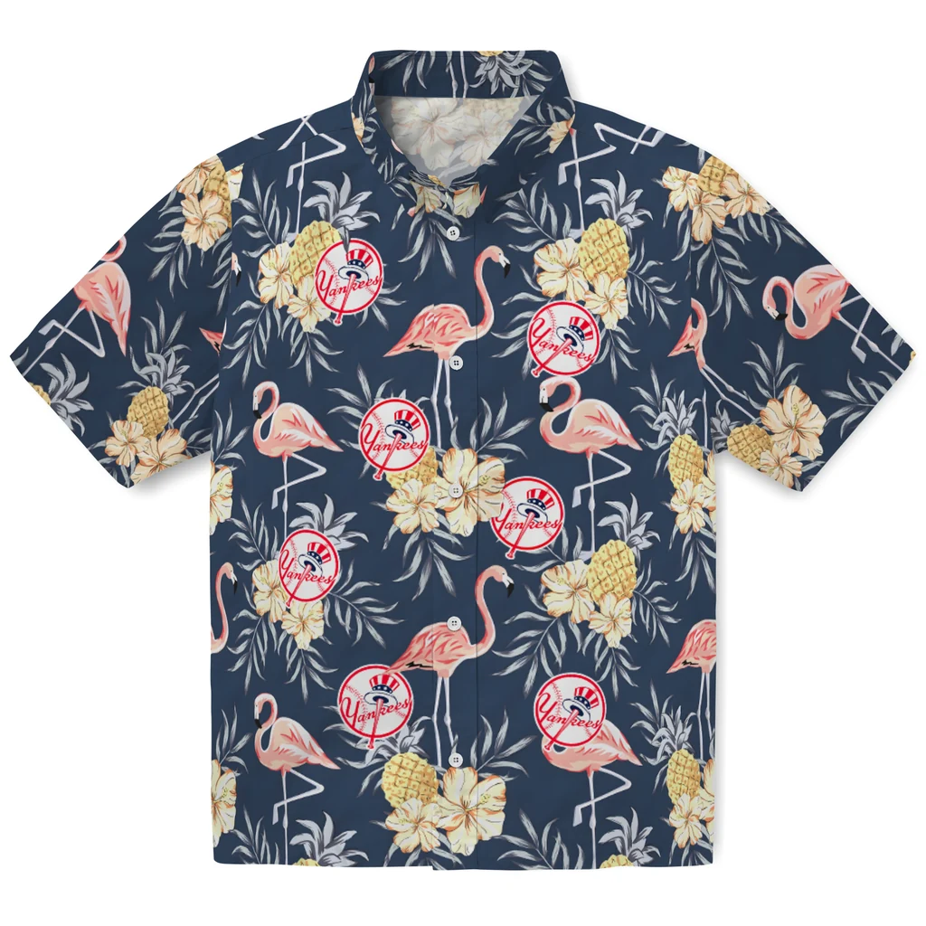 New York Yankees Hawaiian Shirt - Flamingo Hibiscus new york yankees flamingo hibiscus navy hawaiian shirts best selling