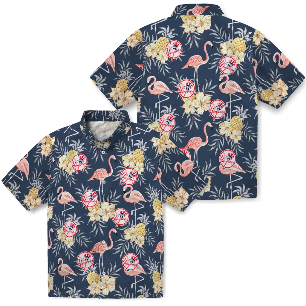 New York Yankees Hawaiian Shirt - Flamingo Hibiscus new york yankees flamingo hibiscus navy hawaiian shirts high quality
