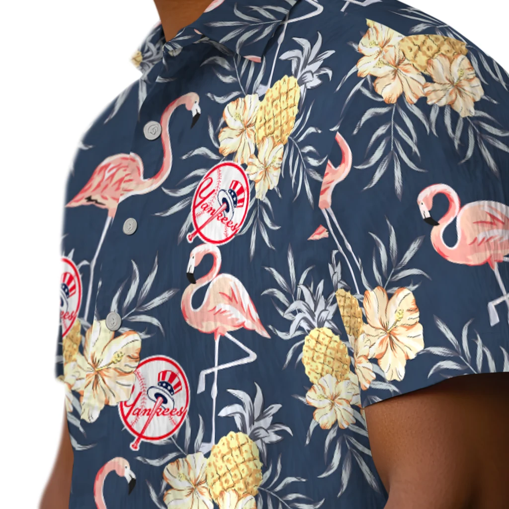 New York Yankees Hawaiian Shirt - Flamingo Hibiscus new york yankees flamingo hibiscus navy hawaiian shirts trendy
