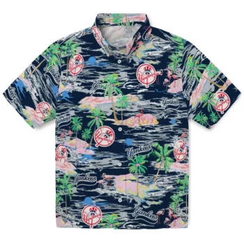 new york yankees flamingo retreat navy hawaiian shirts best selling