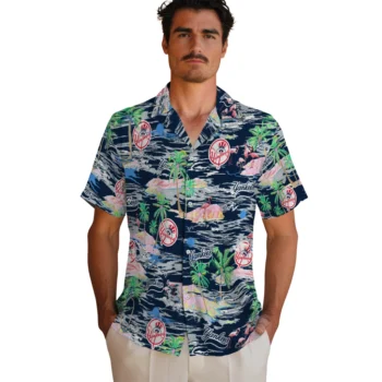 new york yankees flamingo retreat navy hawaiian shirts fashion forward