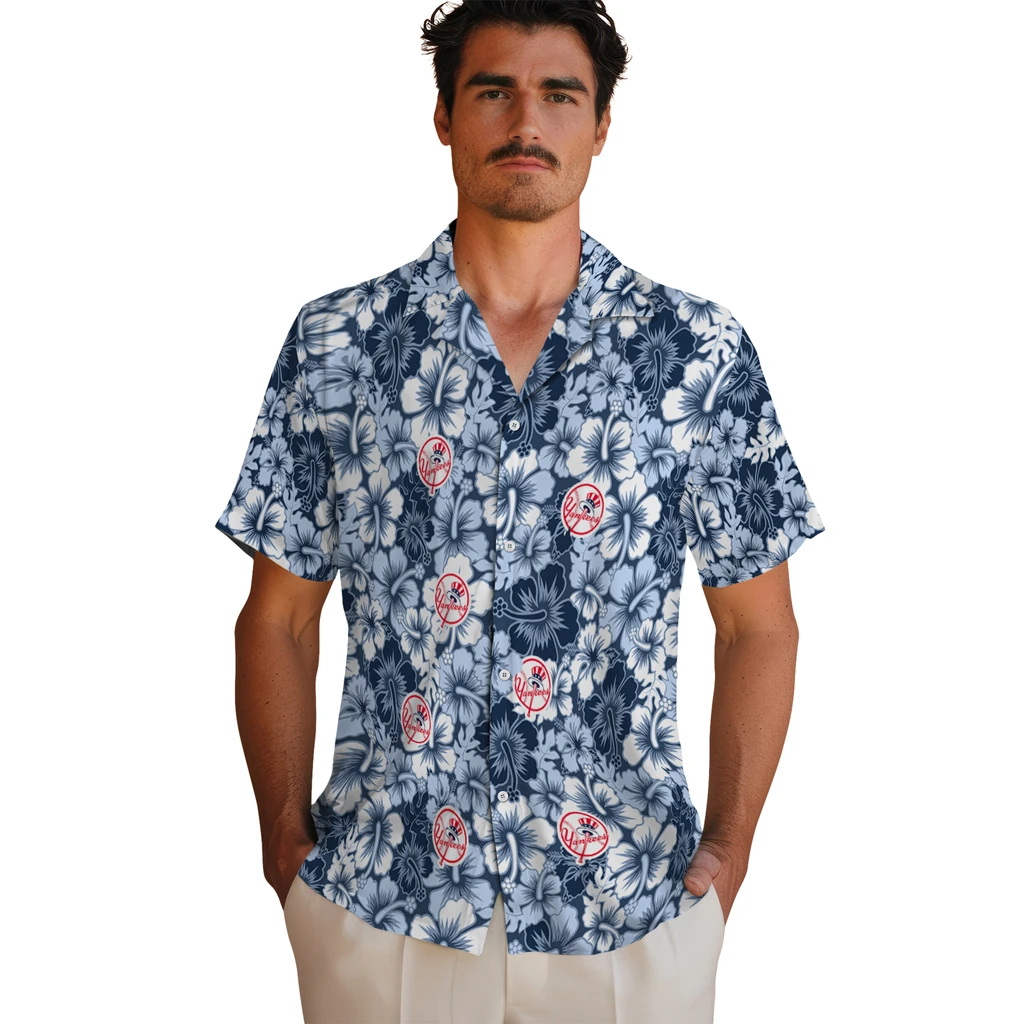 New York Yankees Hawaiian Shirt - Hibiscus Blooms new york yankees hibiscus blooms navy hawaiian shirts fashion forward