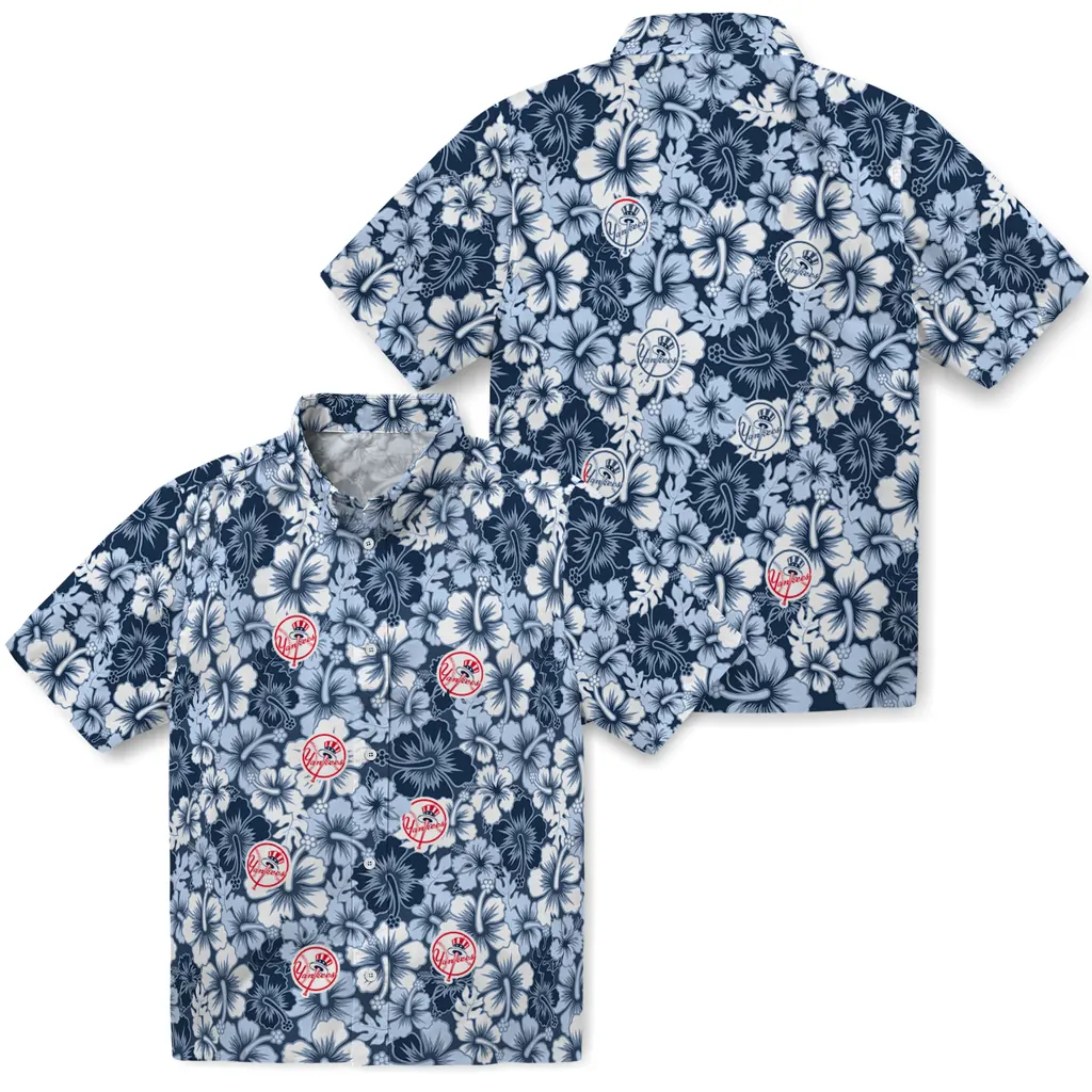 New York Yankees Hawaiian Shirt - Hibiscus Blooms new york yankees hibiscus blooms navy hawaiian shirts high quality