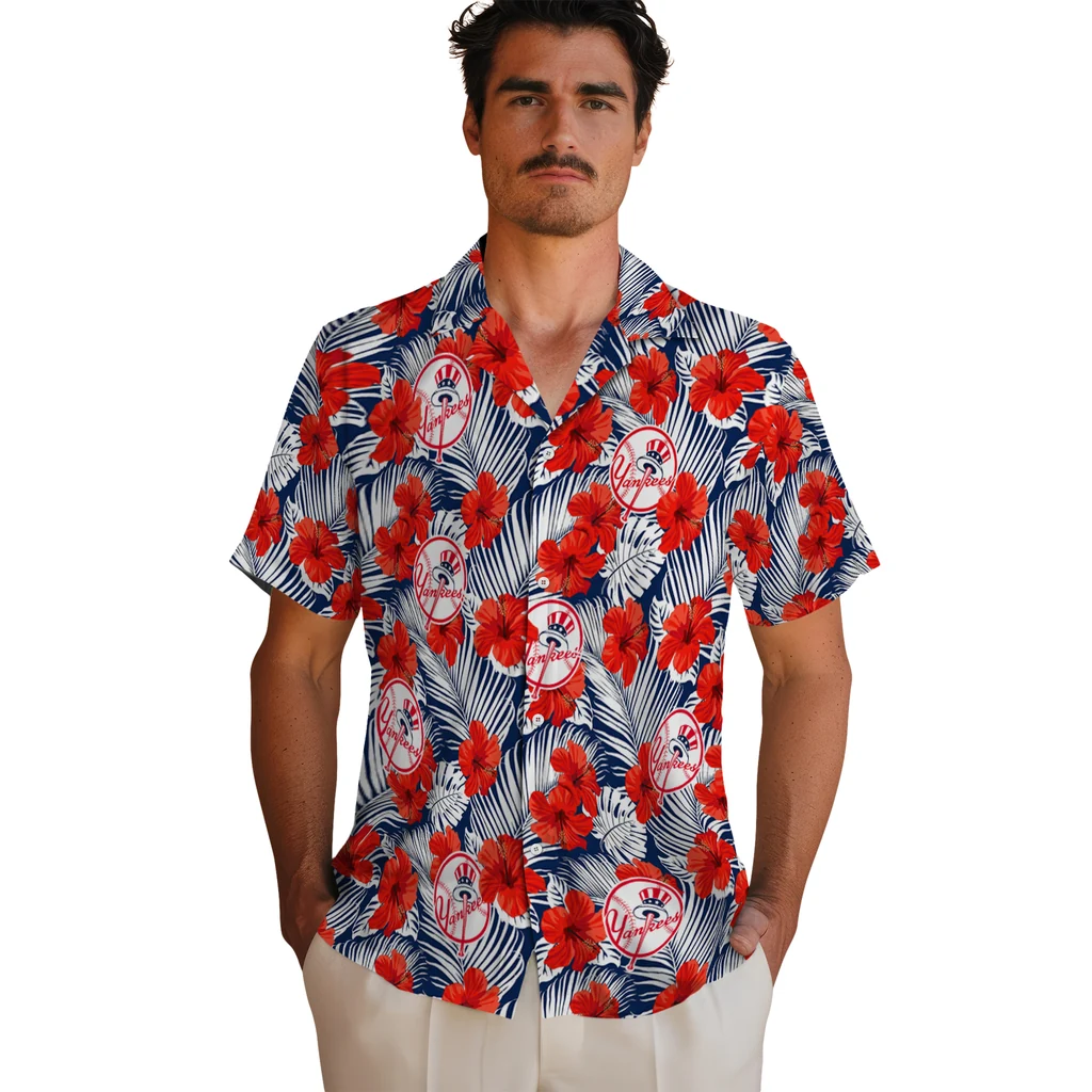 New York Yankees Hawaiian Shirt - Hibiscus Fiesta new york yankees hibiscus fiesta red royal blue hawaiian shirts fashion forward
