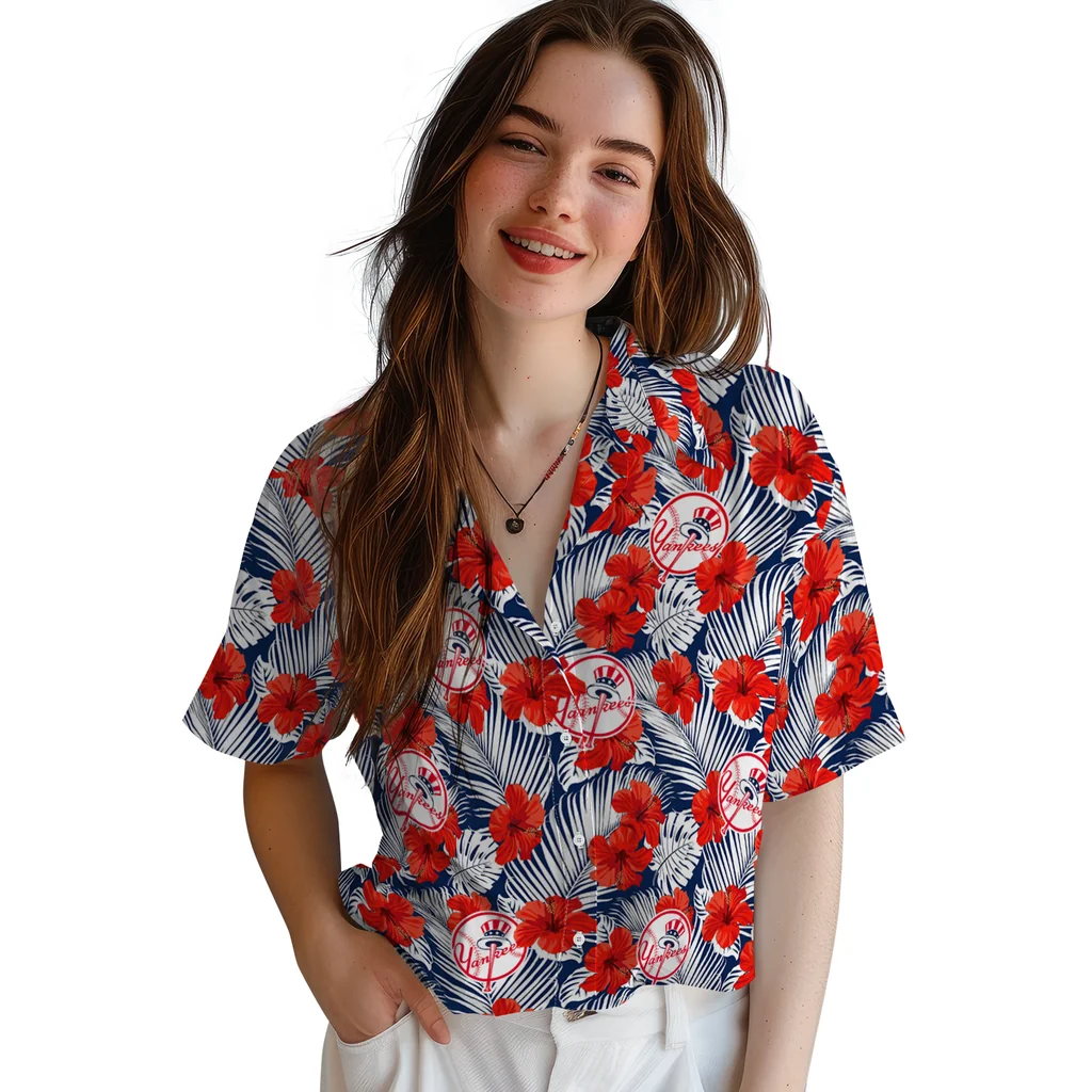 New York Yankees Hawaiian Shirt - Hibiscus Fiesta new york yankees hibiscus fiesta red royal blue hawaiian shirts latest model