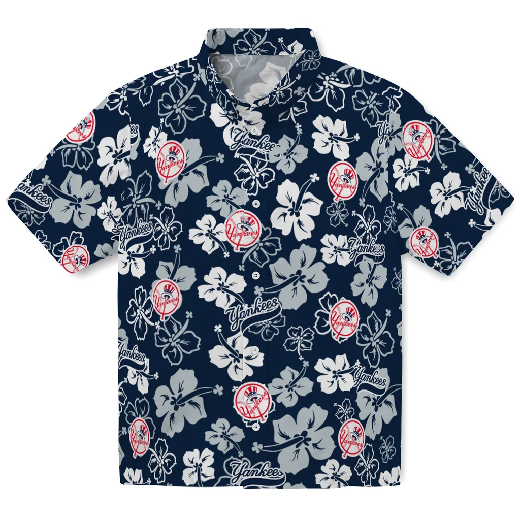 New York Yankees Hawaiian Shirt - Hibiscus Flower Design new york yankees hibiscus bloom navy hawaiian shirts best selling