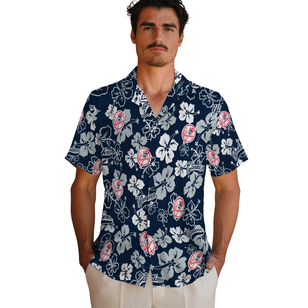 New York Yankees Hawaiian Shirt - Hibiscus Flower Design new york yankees hibiscus bloom navy hawaiian shirts fashion forward