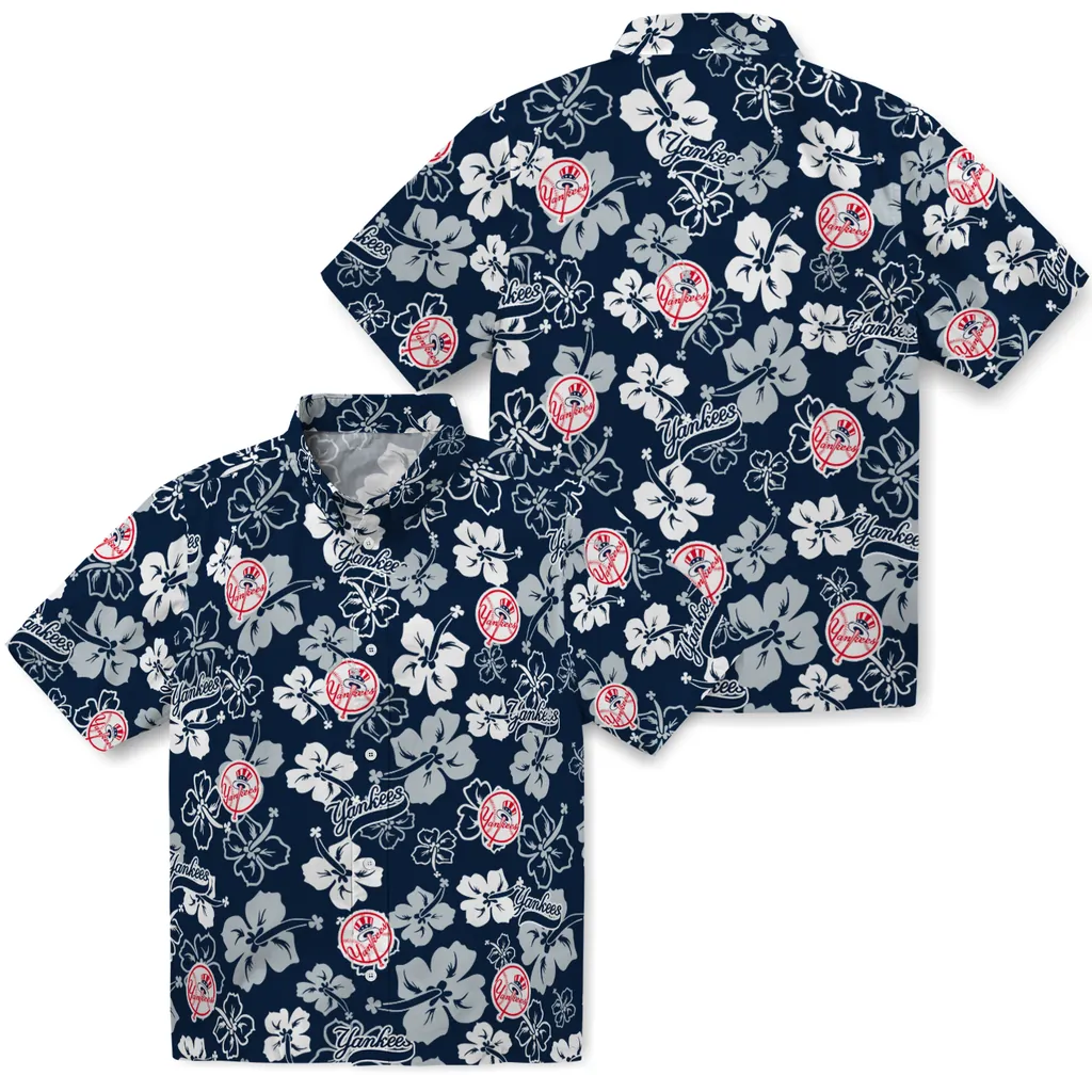 New York Yankees Hawaiian Shirt - Hibiscus Flower Design new york yankees hibiscus bloom navy hawaiian shirts high quality