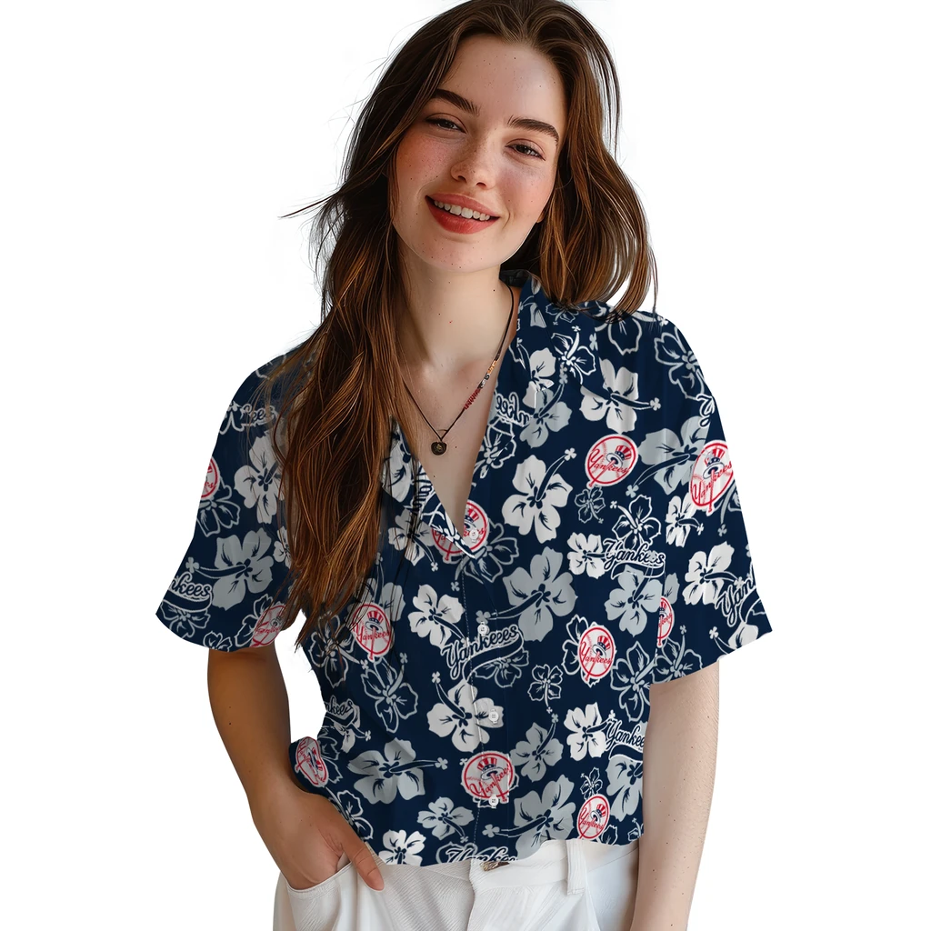 New York Yankees Hawaiian Shirt - Hibiscus Flower Design new york yankees hibiscus bloom navy hawaiian shirts latest model