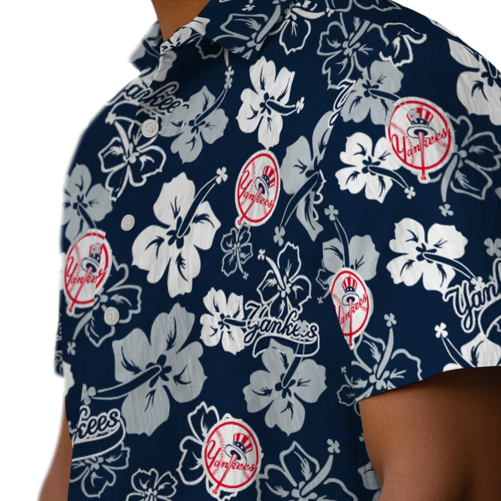 New York Yankees Hawaiian Shirt - Hibiscus Flower Design new york yankees hibiscus bloom navy hawaiian shirts trendy