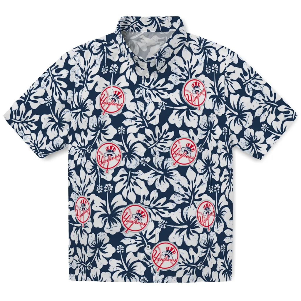 New York Yankees Hawaiian Shirt - Hibiscus Motif new york yankees hibiscus motif navy white hawaiian shirts best selling