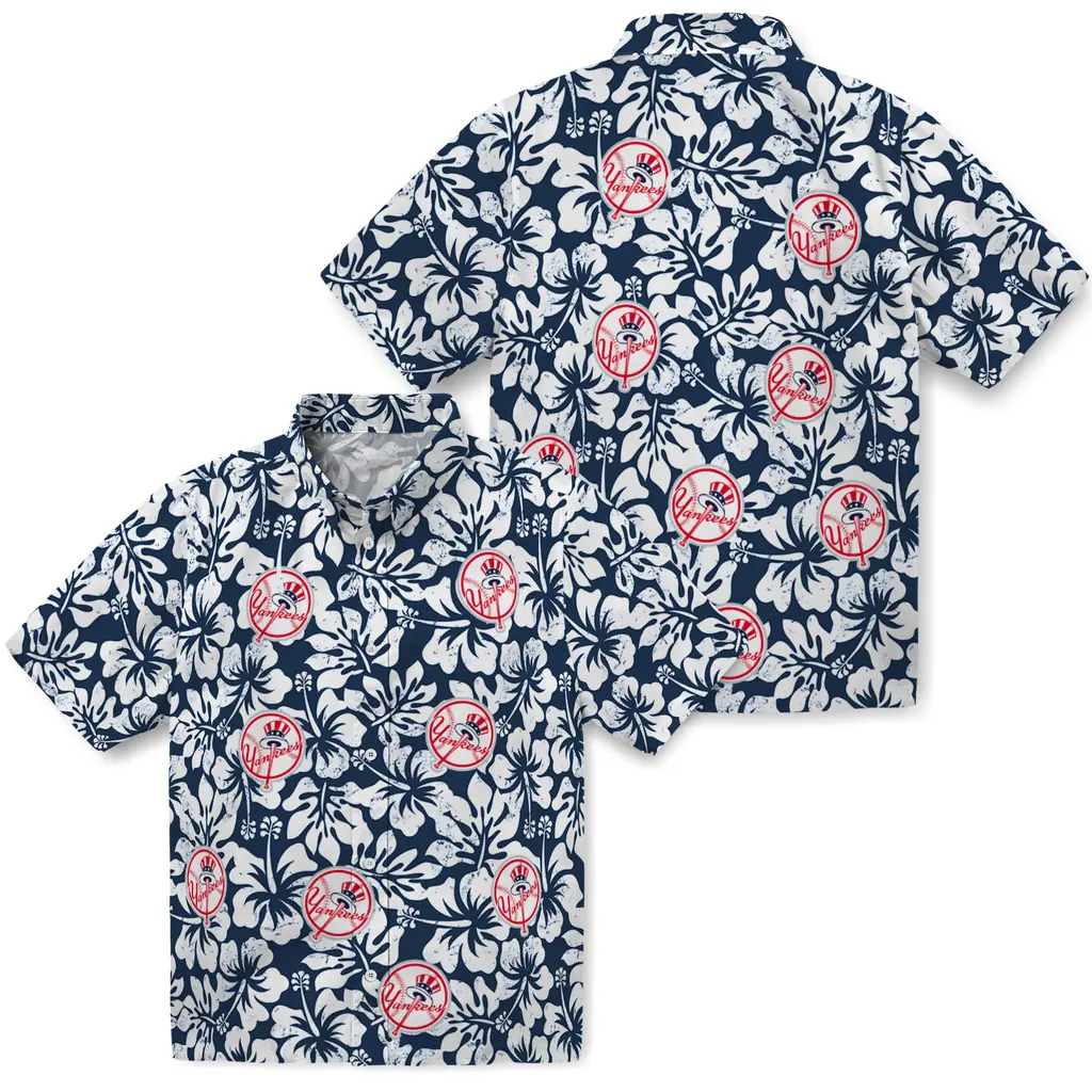 New York Yankees Hawaiian Shirt - Hibiscus Motif new york yankees hibiscus motif navy white hawaiian shirts high quality
