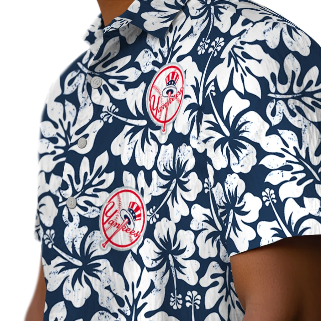 New York Yankees Hawaiian Shirt - Hibiscus Motif new york yankees hibiscus motif navy white hawaiian shirts trendy