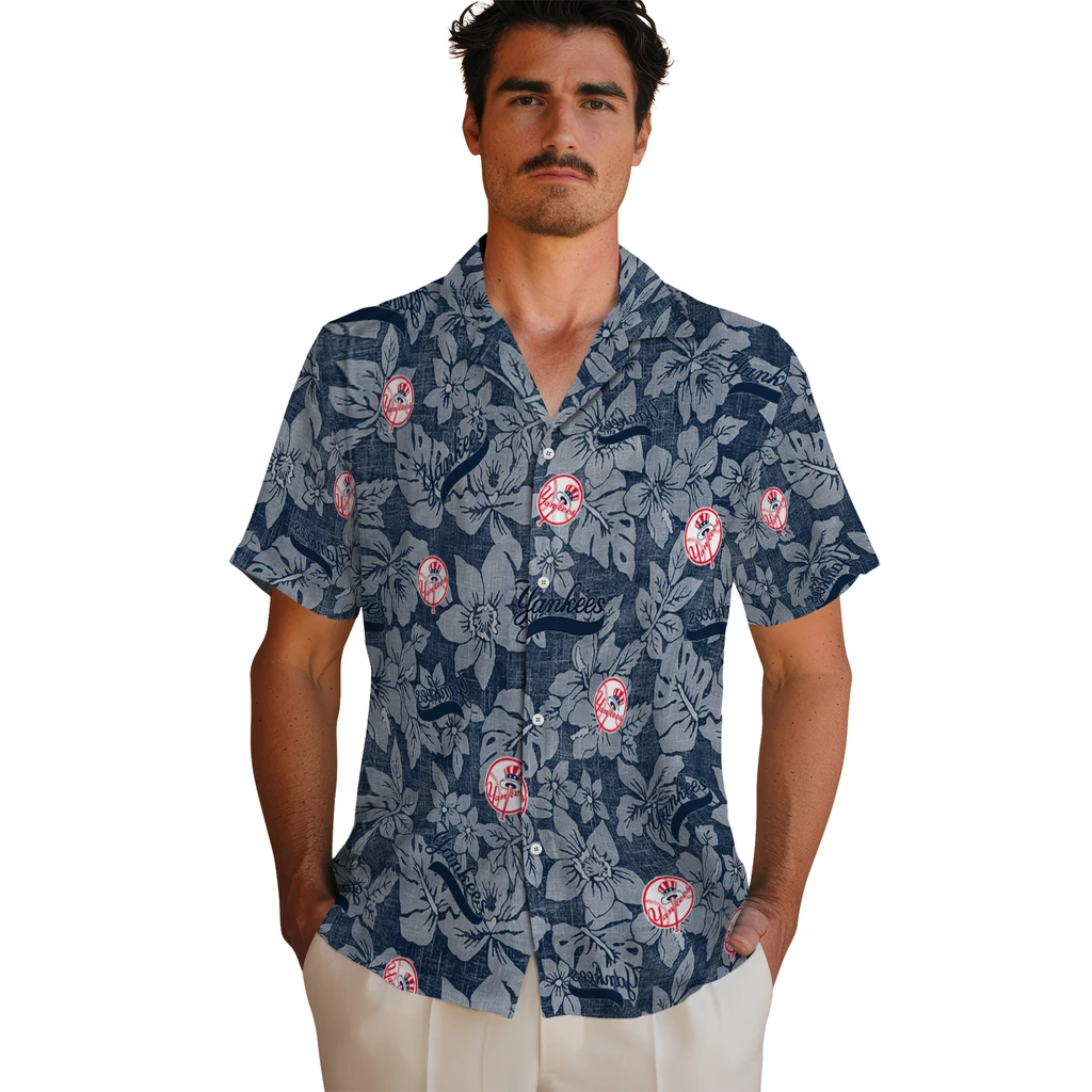 New York Yankees Hawaiian Shirt - Hibiscus Oasis new york yankees hibiscus oasis navy hawaiian shirts fashion forward