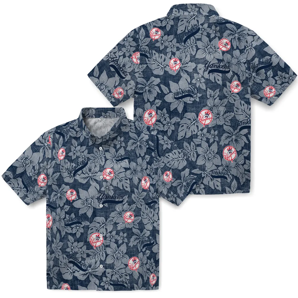 New York Yankees Hawaiian Shirt - Hibiscus Oasis new york yankees hibiscus oasis navy hawaiian shirts high quality
