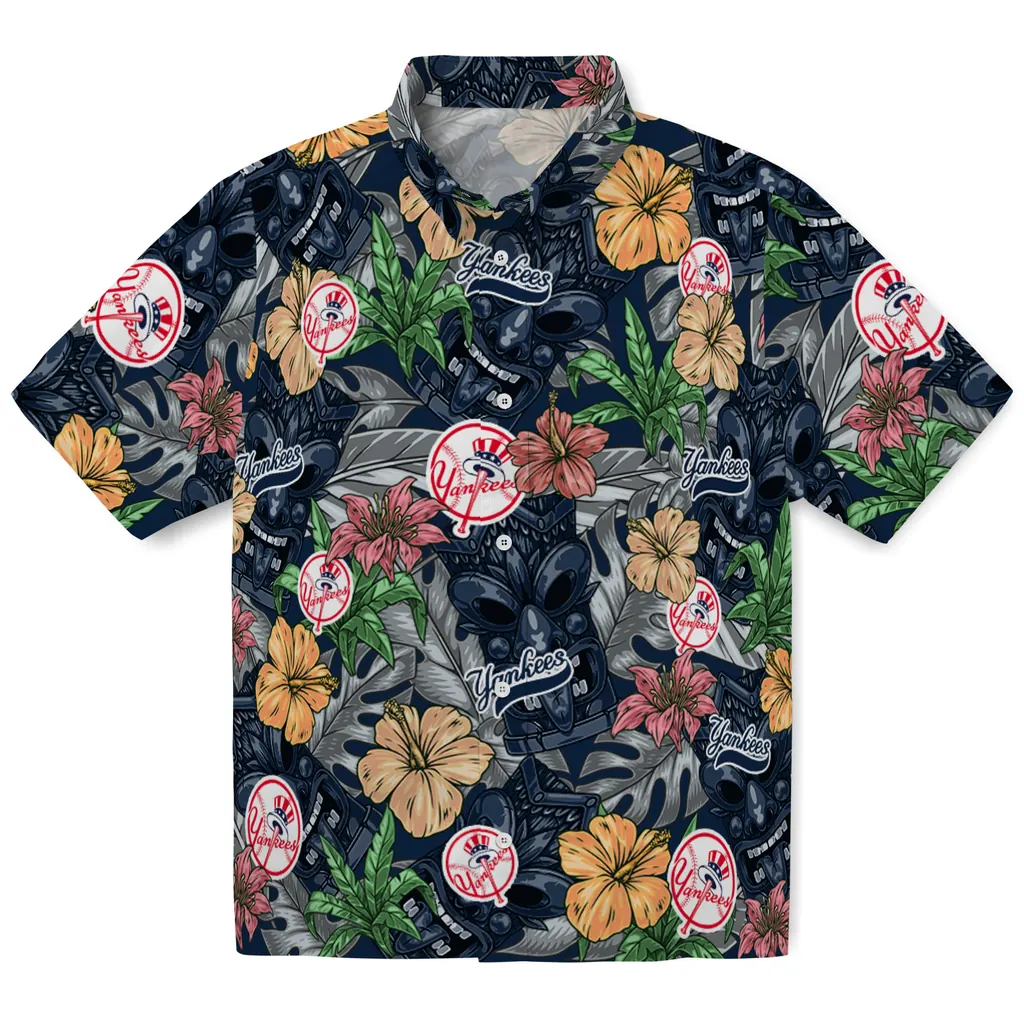 New York Yankees Hawaiian Shirt - Hibiscus Tiki Jungle new york yankees tiki jungle navy hawaiian shirts best selling