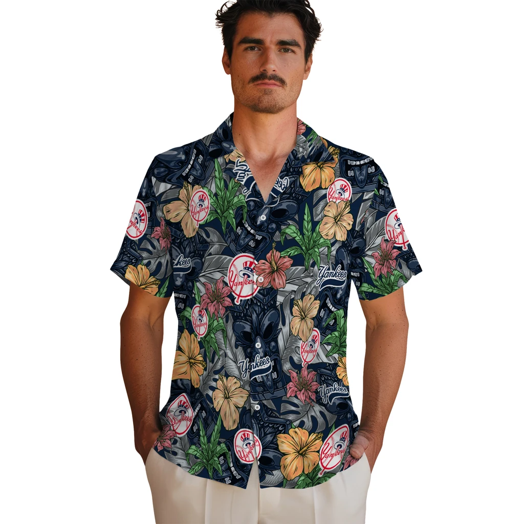 New York Yankees Hawaiian Shirt - Hibiscus Tiki Jungle new york yankees tiki jungle navy hawaiian shirts fashion forward