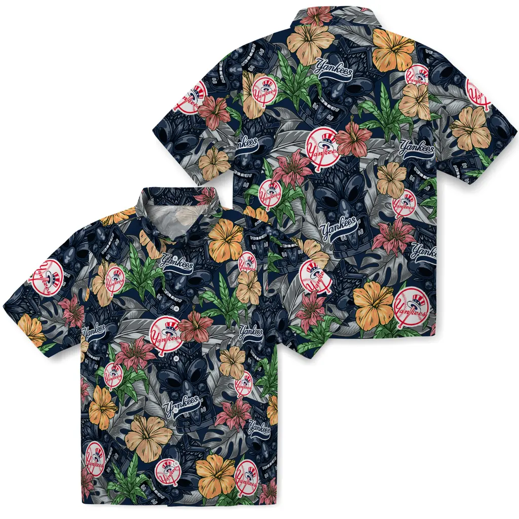New York Yankees Hawaiian Shirt - Hibiscus Tiki Jungle new york yankees tiki jungle navy hawaiian shirts high quality