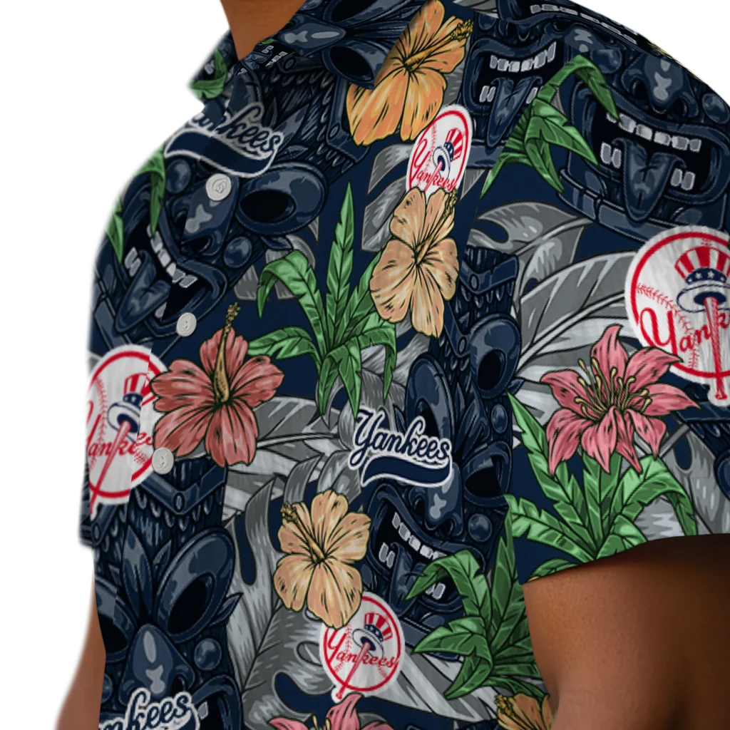 New York Yankees Hawaiian Shirt - Hibiscus Tiki Jungle new york yankees tiki jungle navy hawaiian shirts trendy