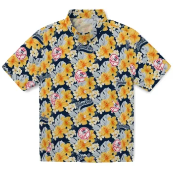 new york yankees hibiscus tropics navy yellow hawaiian shirts best selling