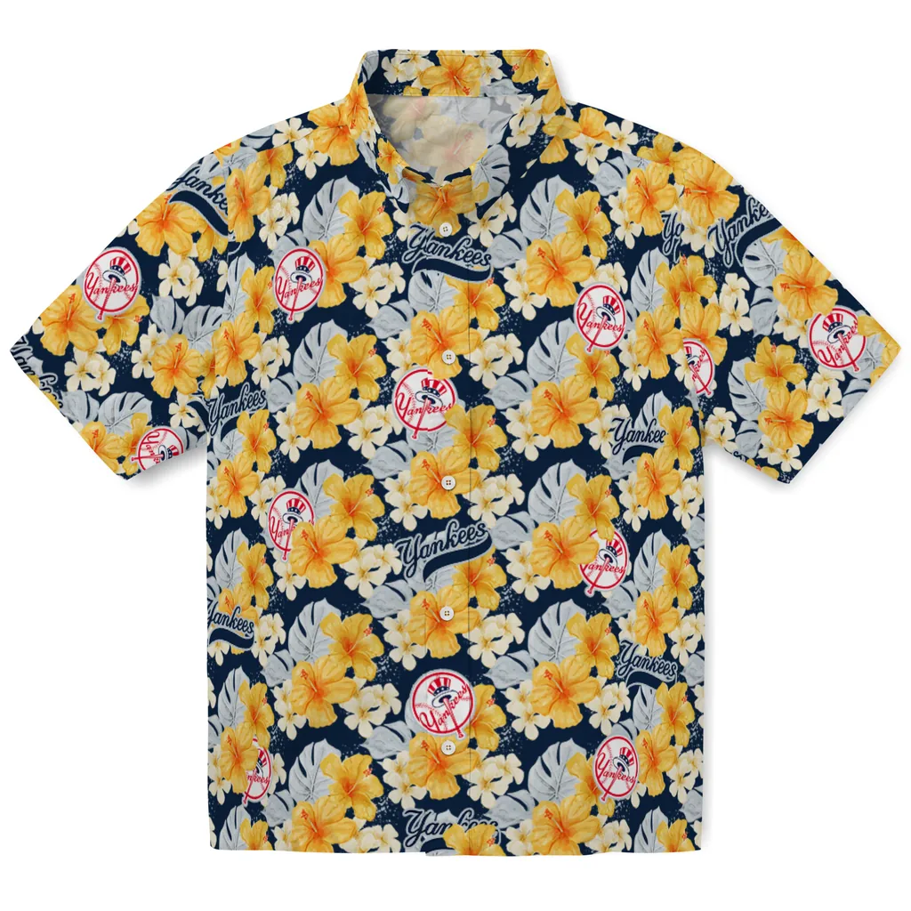 New York Yankees Hawaiian Shirt - Hibiscus Tropics new york yankees hibiscus tropics navy yellow hawaiian shirts best selling