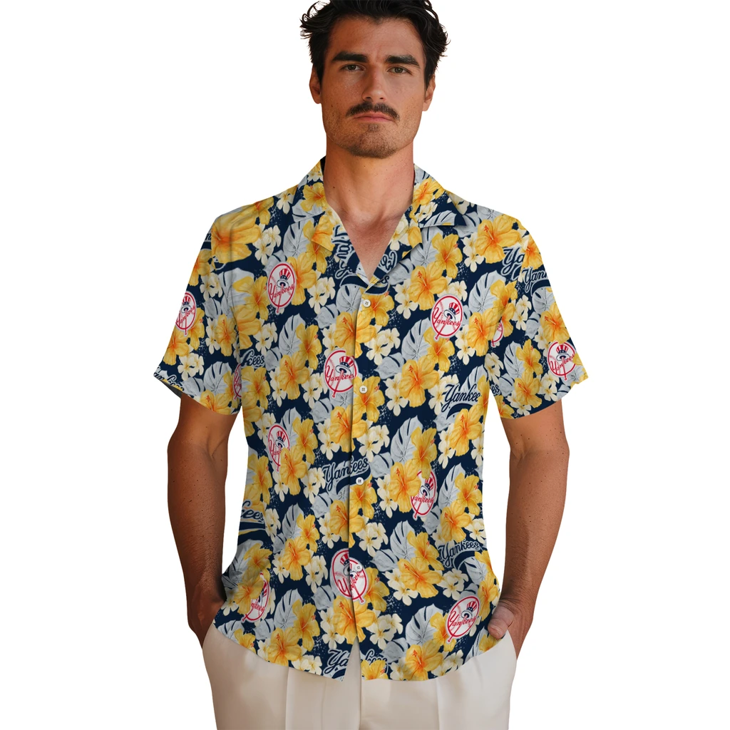 New York Yankees Hawaiian Shirt - Hibiscus Tropics new york yankees hibiscus tropics navy yellow hawaiian shirts fashion forward