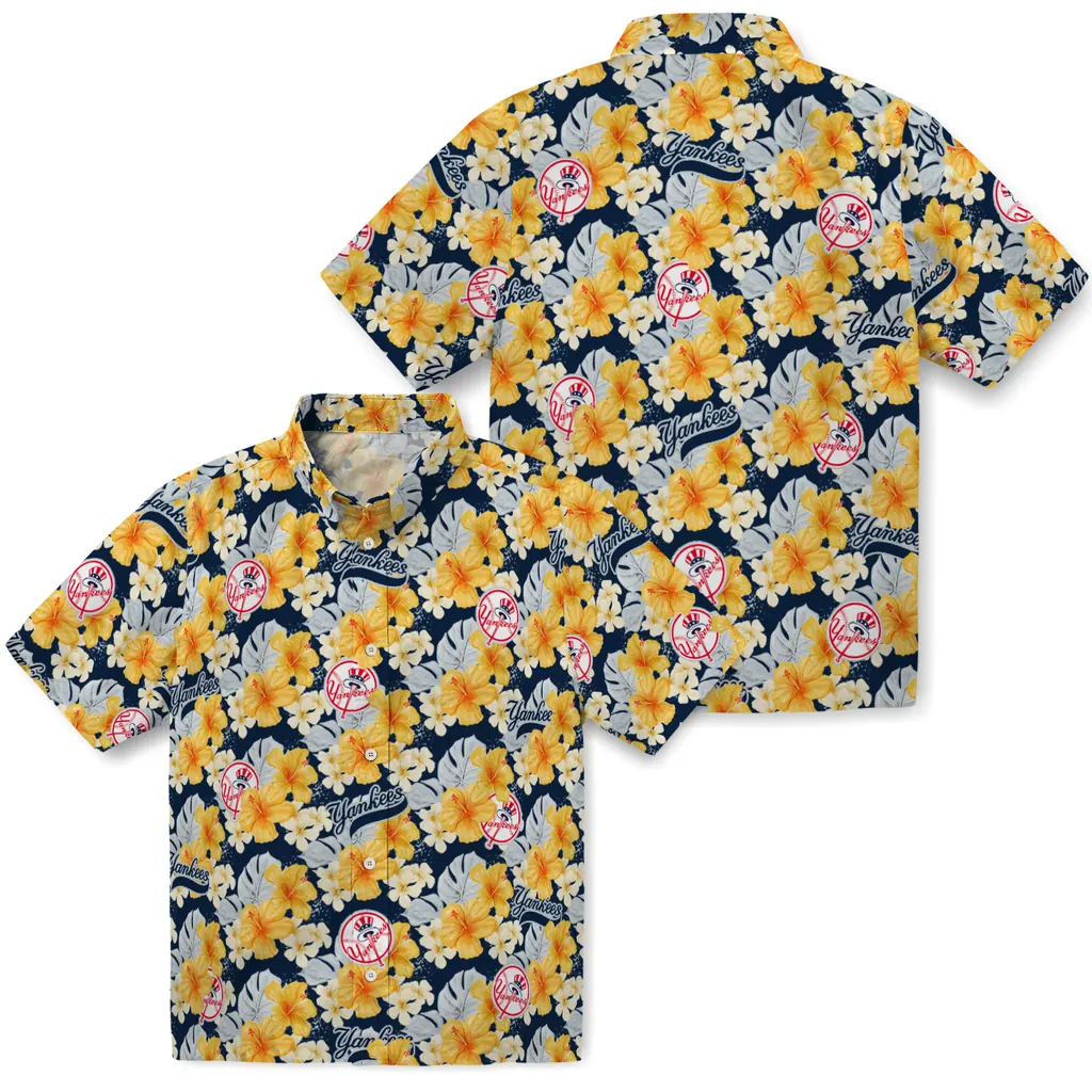 New York Yankees Hawaiian Shirt - Hibiscus Tropics new york yankees hibiscus tropics navy yellow hawaiian shirts high quality
