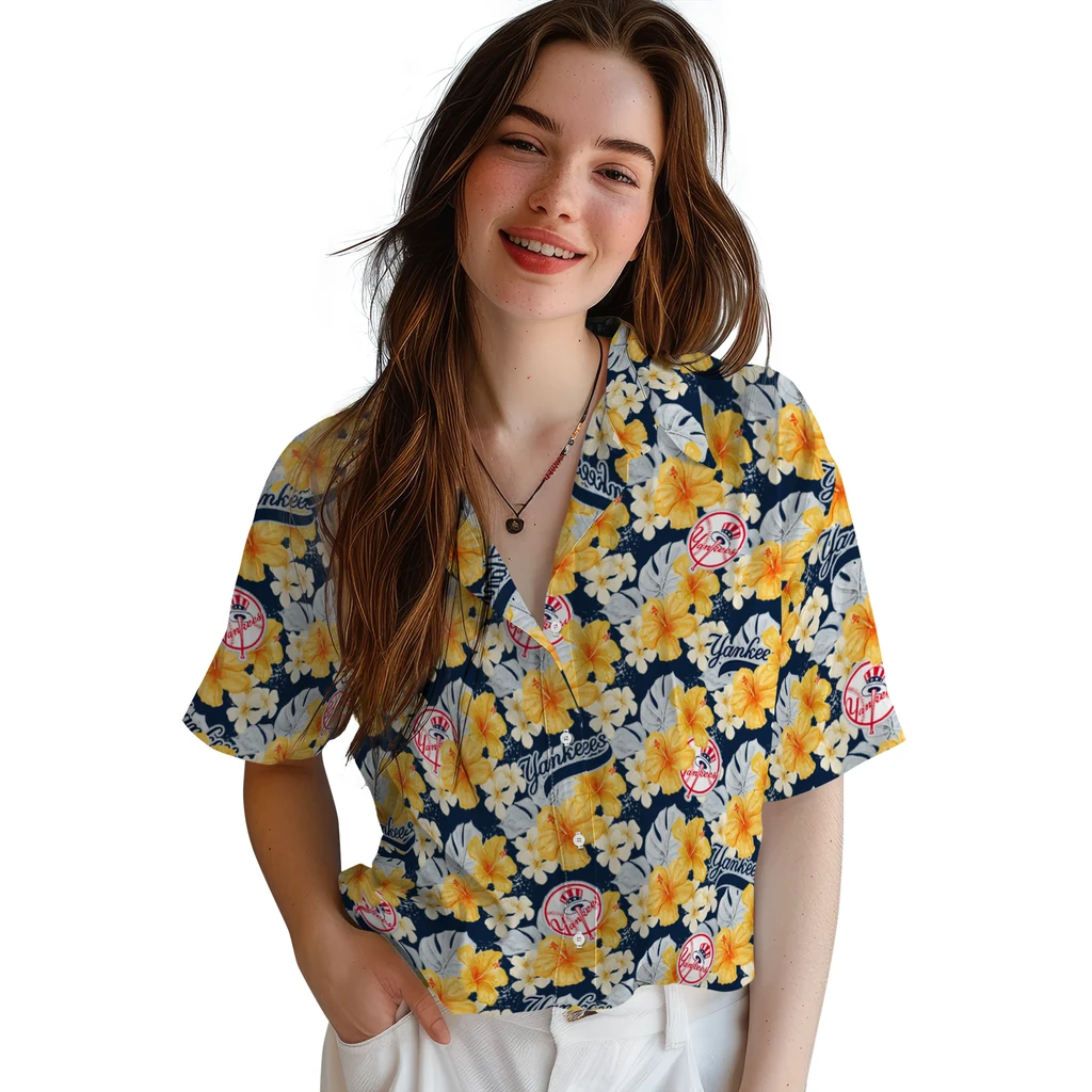 New York Yankees Hawaiian Shirt - Hibiscus Tropics new york yankees hibiscus tropics navy yellow hawaiian shirts latest model