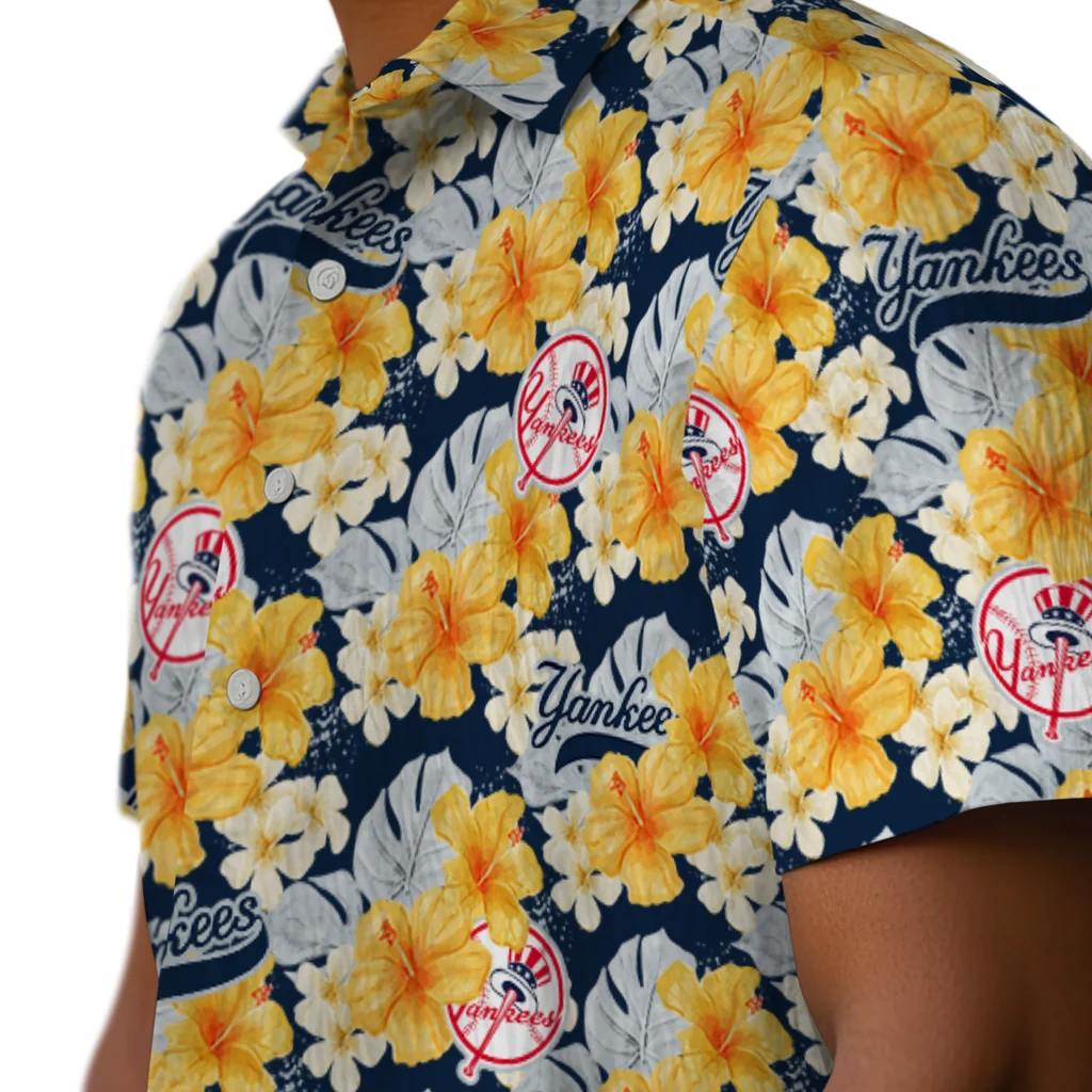 New York Yankees Hawaiian Shirt - Hibiscus Tropics new york yankees hibiscus tropics navy yellow hawaiian shirts trendy