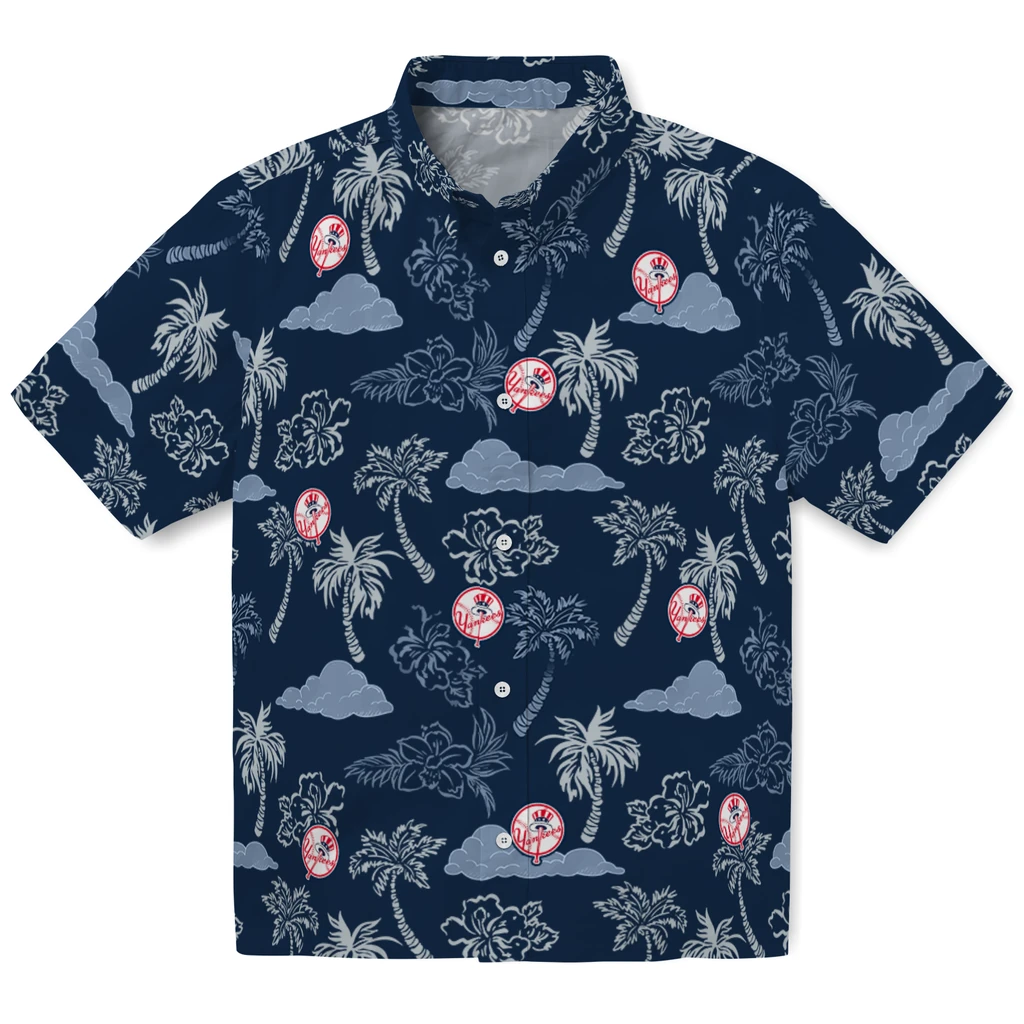 New York Yankees Hawaiian Shirt - Palm And Clouds new york yankees palm and clouds navy hawaiian shirts best selling