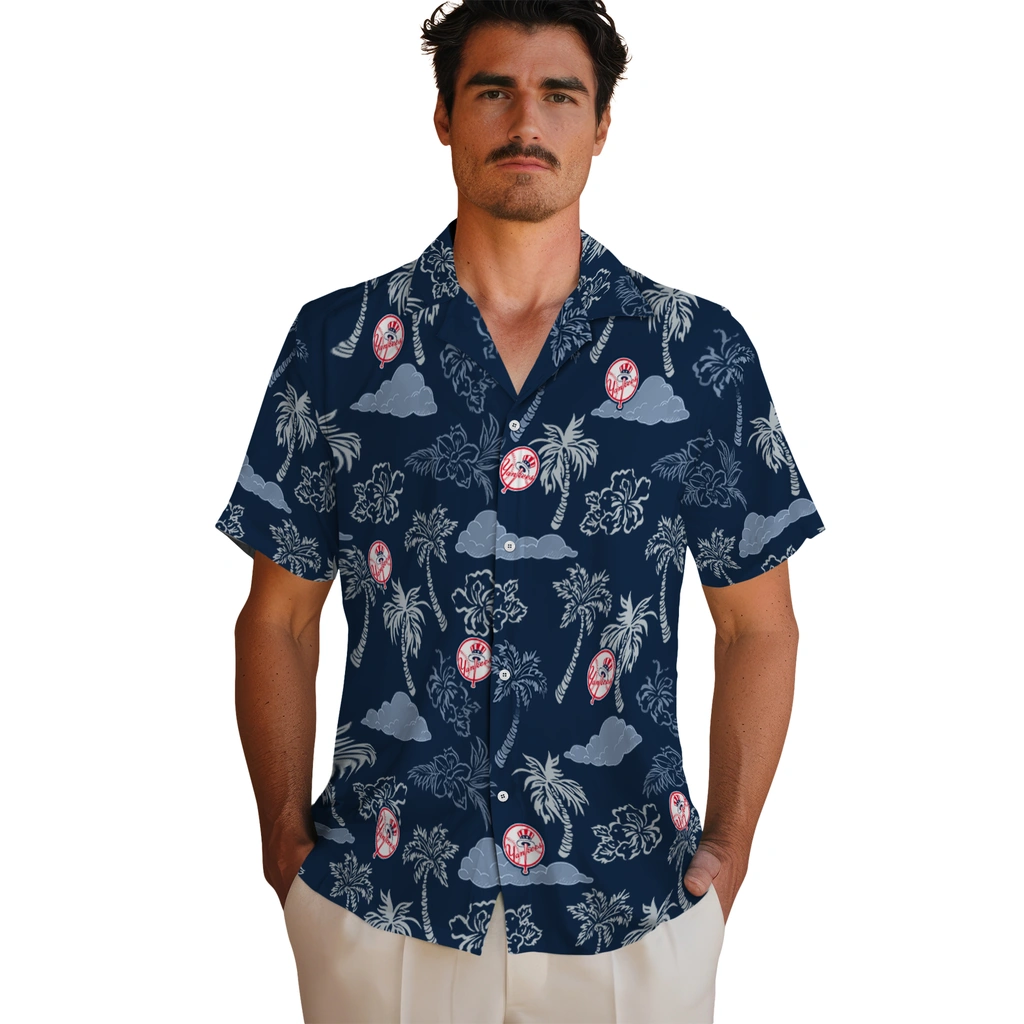 New York Yankees Hawaiian Shirt - Palm And Clouds new york yankees palm and clouds navy hawaiian shirts fashion forward