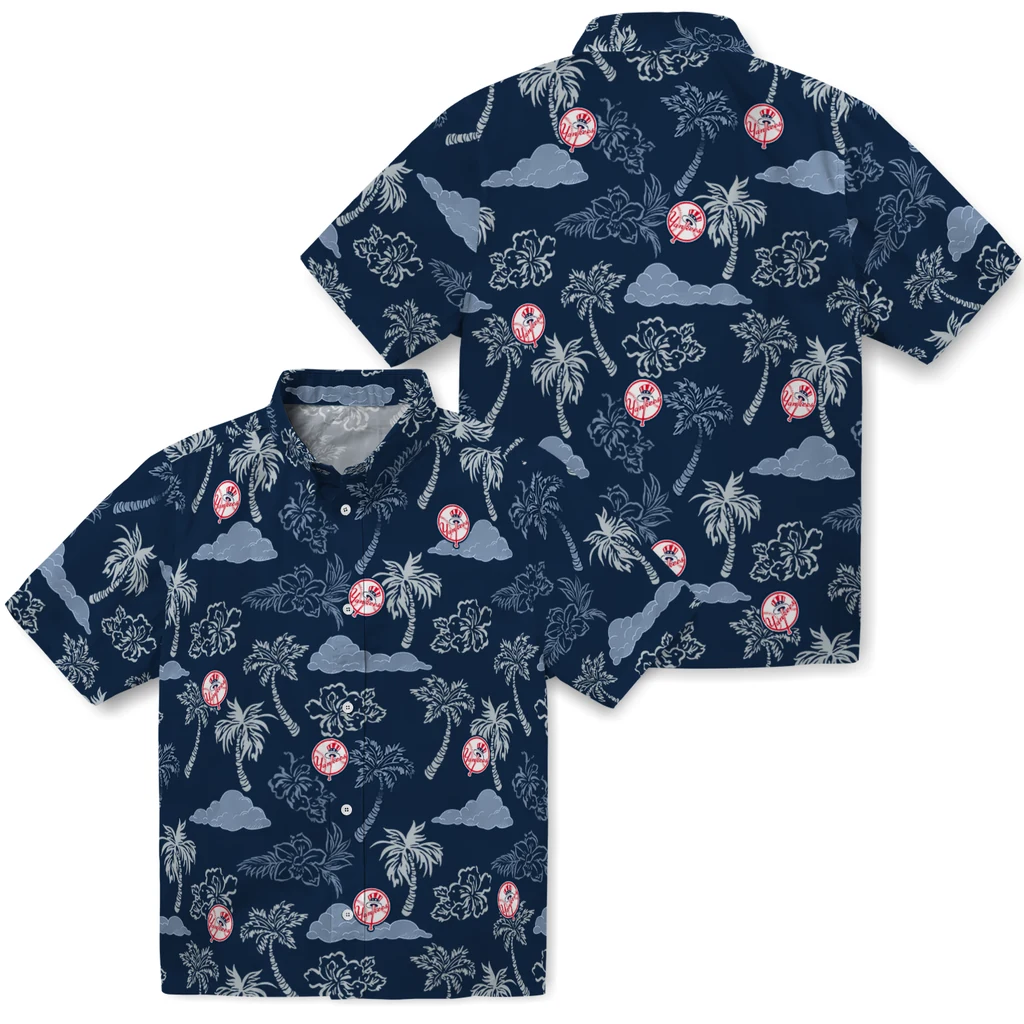 New York Yankees Hawaiian Shirt - Palm And Clouds new york yankees palm and clouds navy hawaiian shirts high quality