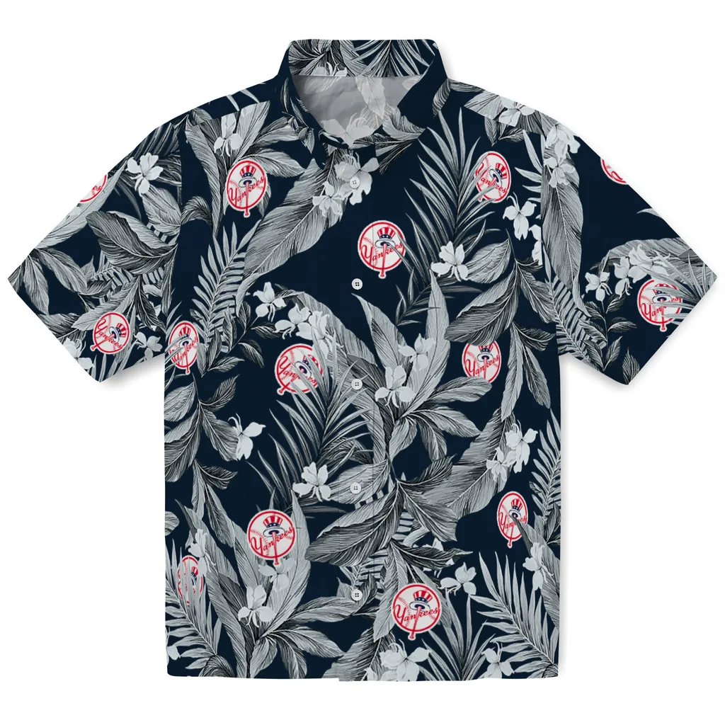 New York Yankees Hawaiian Shirt - Palm Leaves new york yankees palm leaves navy hawaiian shirts best selling