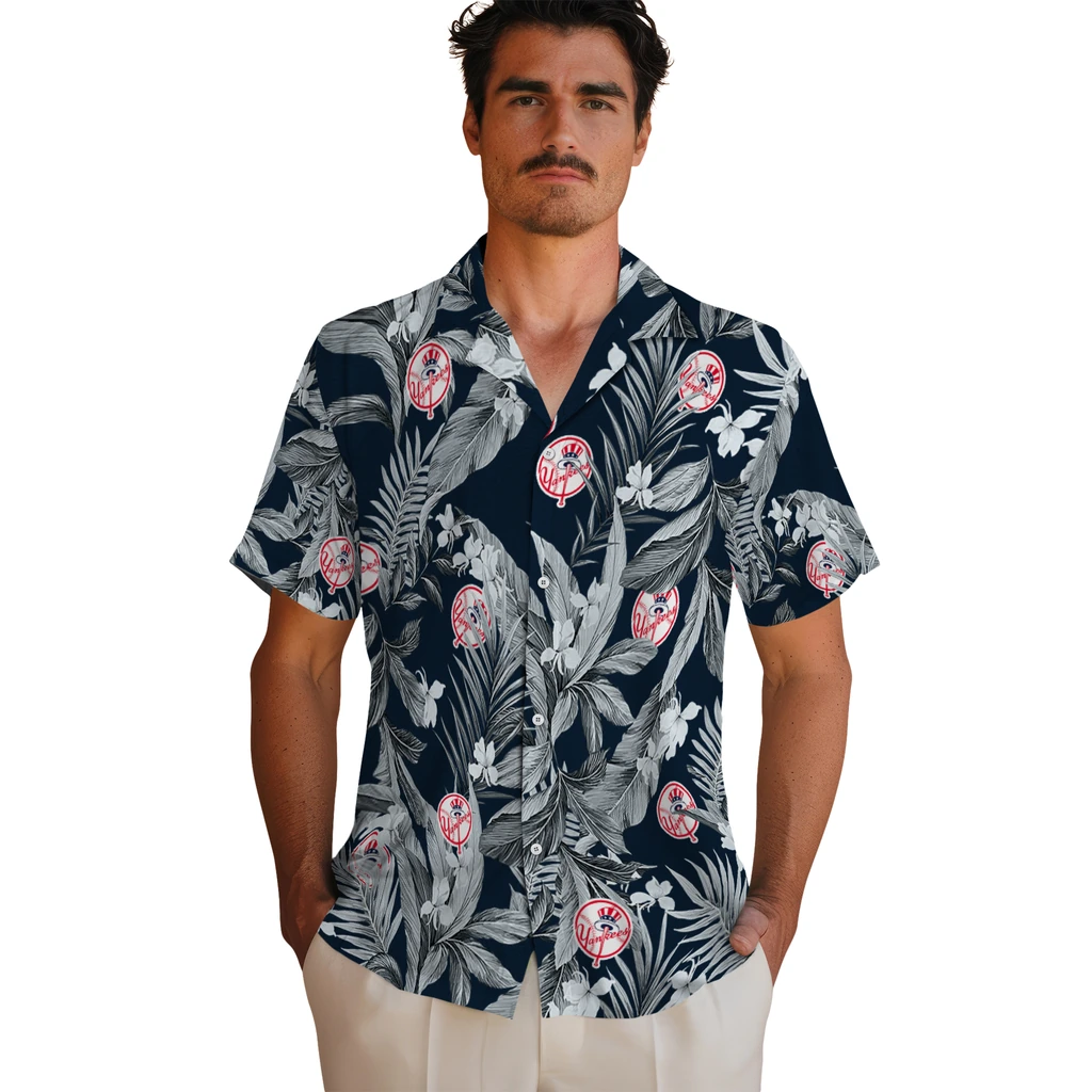 New York Yankees Hawaiian Shirt - Palm Leaves new york yankees palm leaves navy hawaiian shirts fashion forward