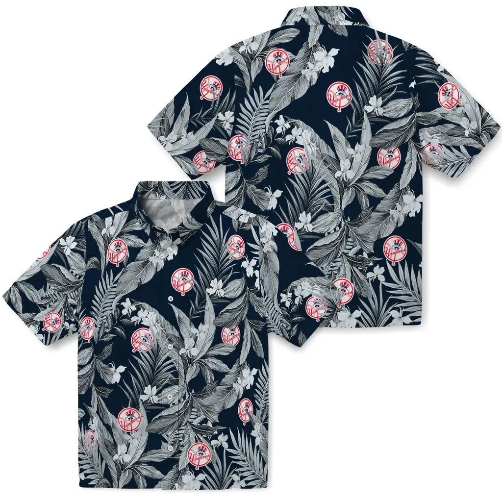New York Yankees Hawaiian Shirt - Palm Leaves new york yankees palm leaves navy hawaiian shirts high quality