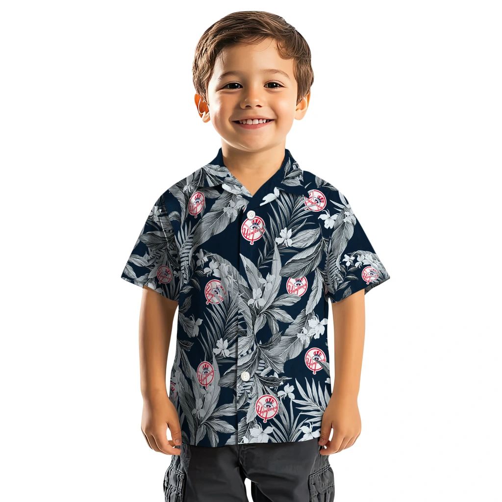 New York Yankees Hawaiian Shirt - Palm Leaves new york yankees palm leaves navy hawaiian shirts top rated