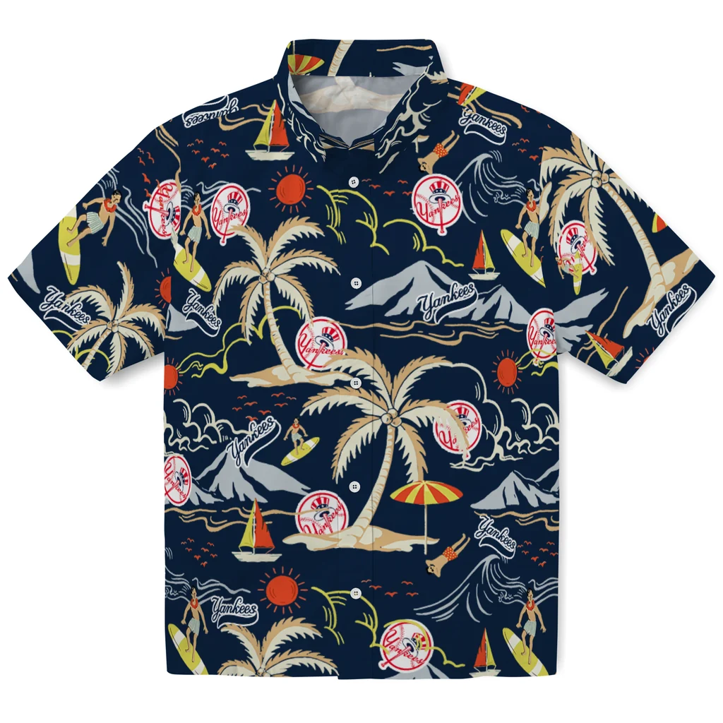 New York Yankees Hawaiian Shirt - Palm Tree Island new york yankees palm tree island navy hawaiian shirts best selling