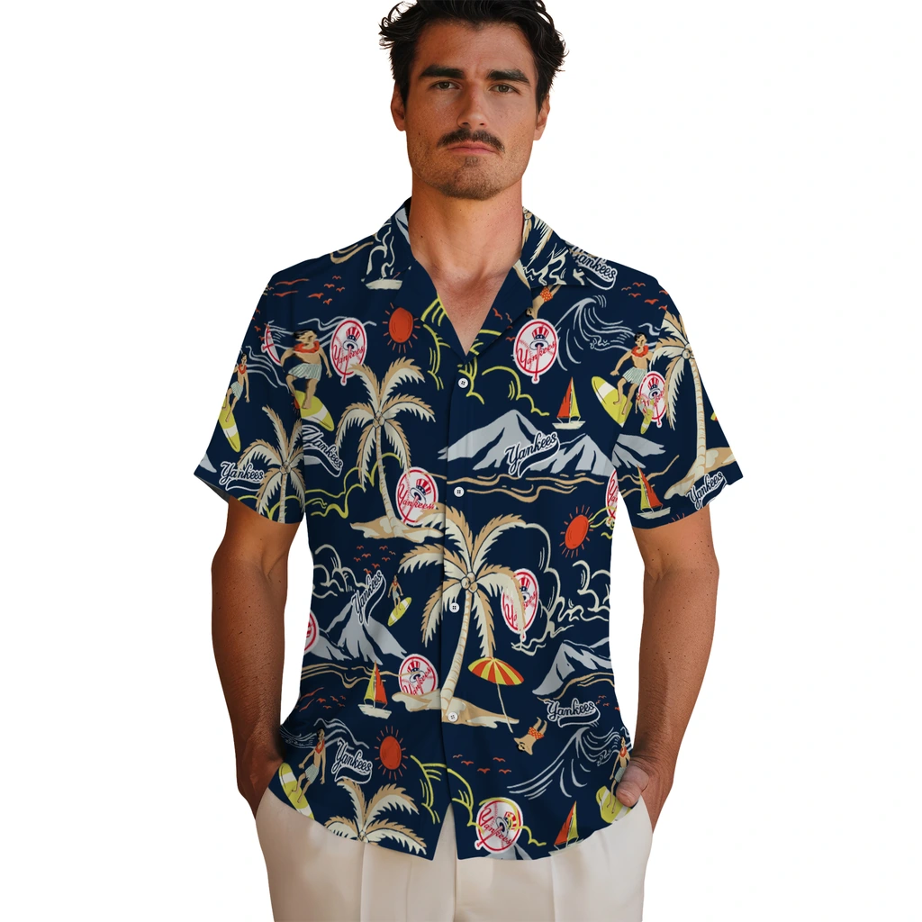 New York Yankees Hawaiian Shirt - Palm Tree Island new york yankees palm tree island navy hawaiian shirts fashion forward