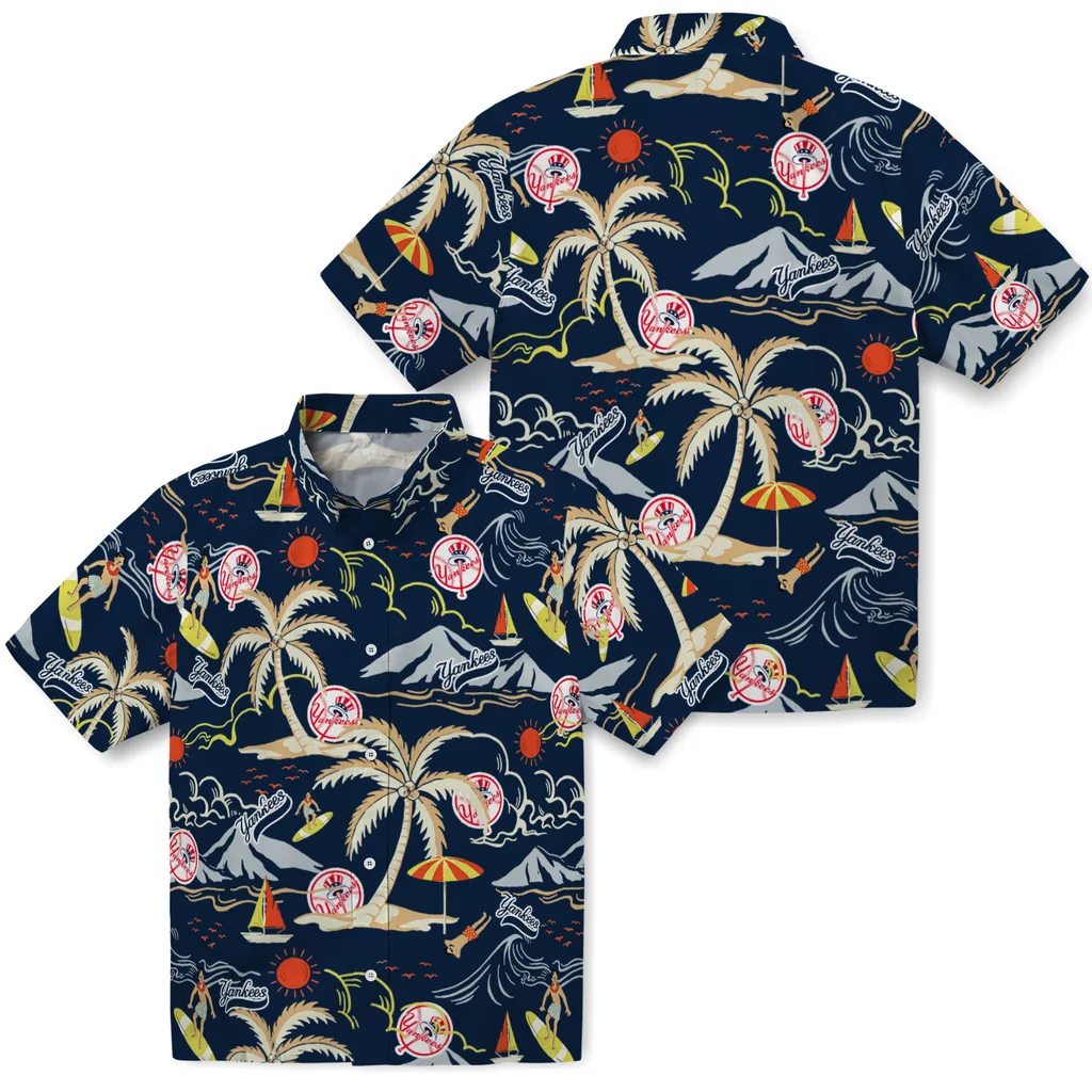 New York Yankees Hawaiian Shirt - Palm Tree Island new york yankees palm tree island navy hawaiian shirts high quality