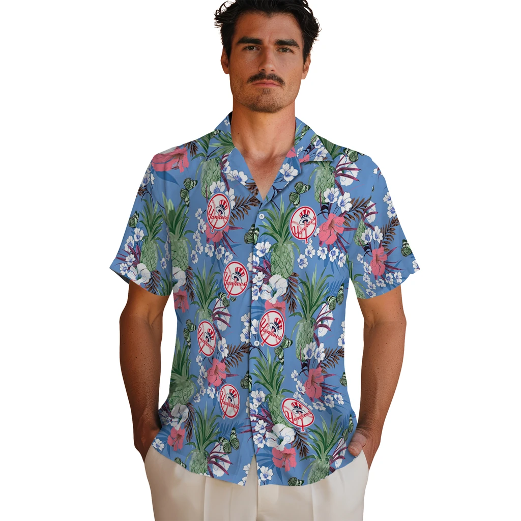 New York Yankees Hawaiian Shirt - Pineapple Bouquet new york yankees pineapple bouquet best sky blue hawaiian shirts fashion forward