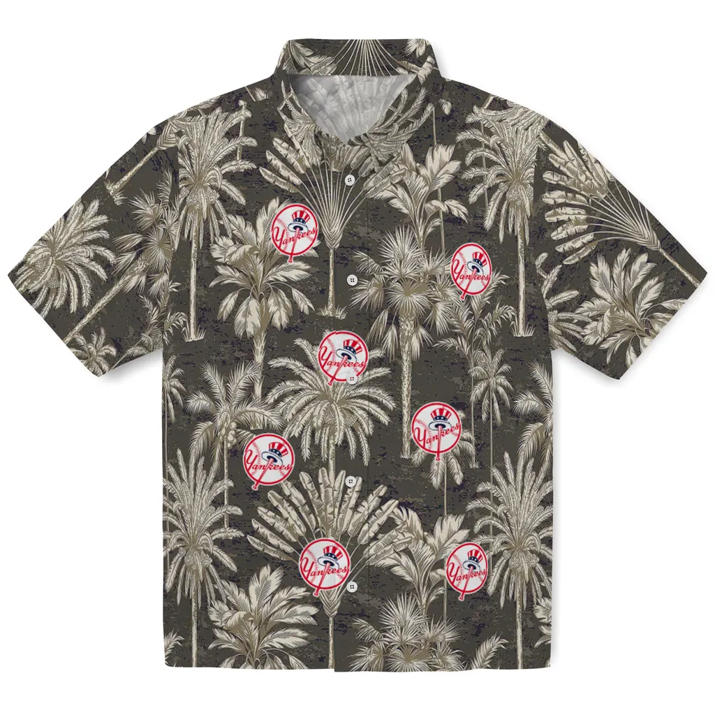 New York Yankees Hawaiian Shirt - Vintage Palm Tree new york yankees palm shadows navy hawaiian shirts best selling