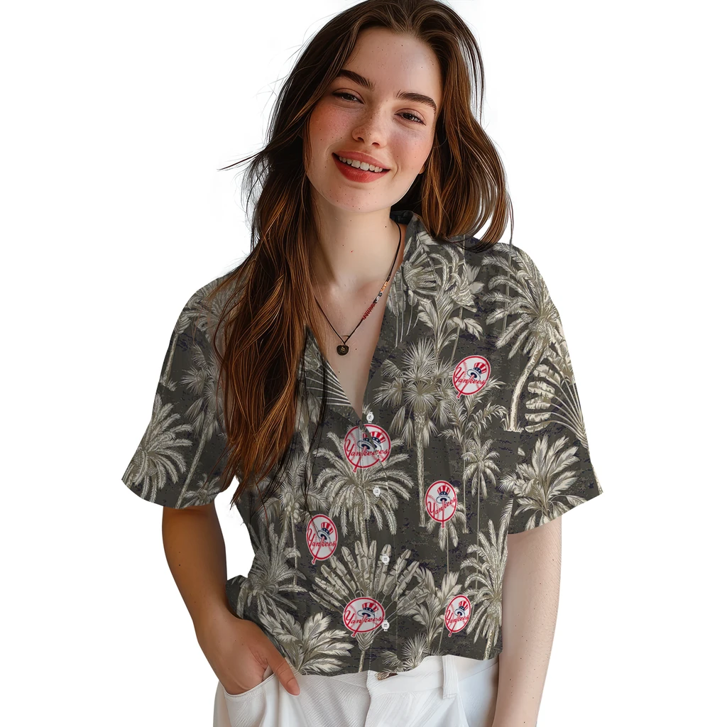 New York Yankees Hawaiian Shirt - Vintage Palm Tree new york yankees palm shadows navy hawaiian shirts latest model