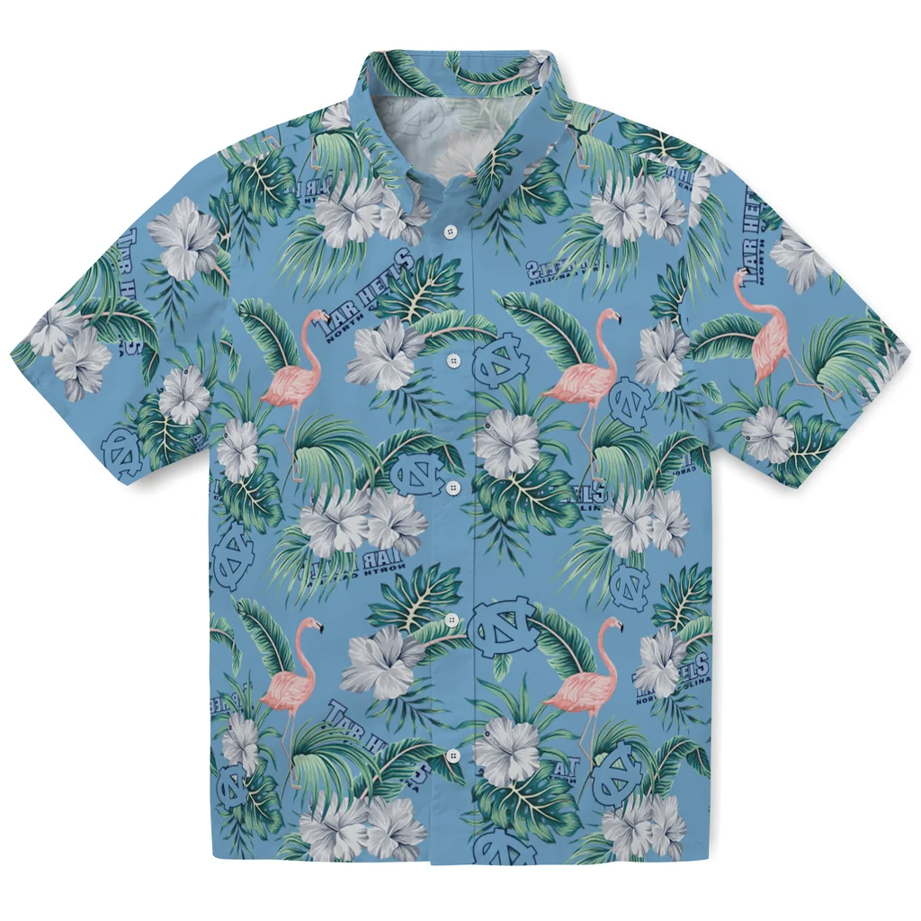 North Carolina Tar Heels Hawaiian Shirt - Flamingo and Hibiscus north carolina tar heels flamingo palms light blue hawaiian shirts best selling