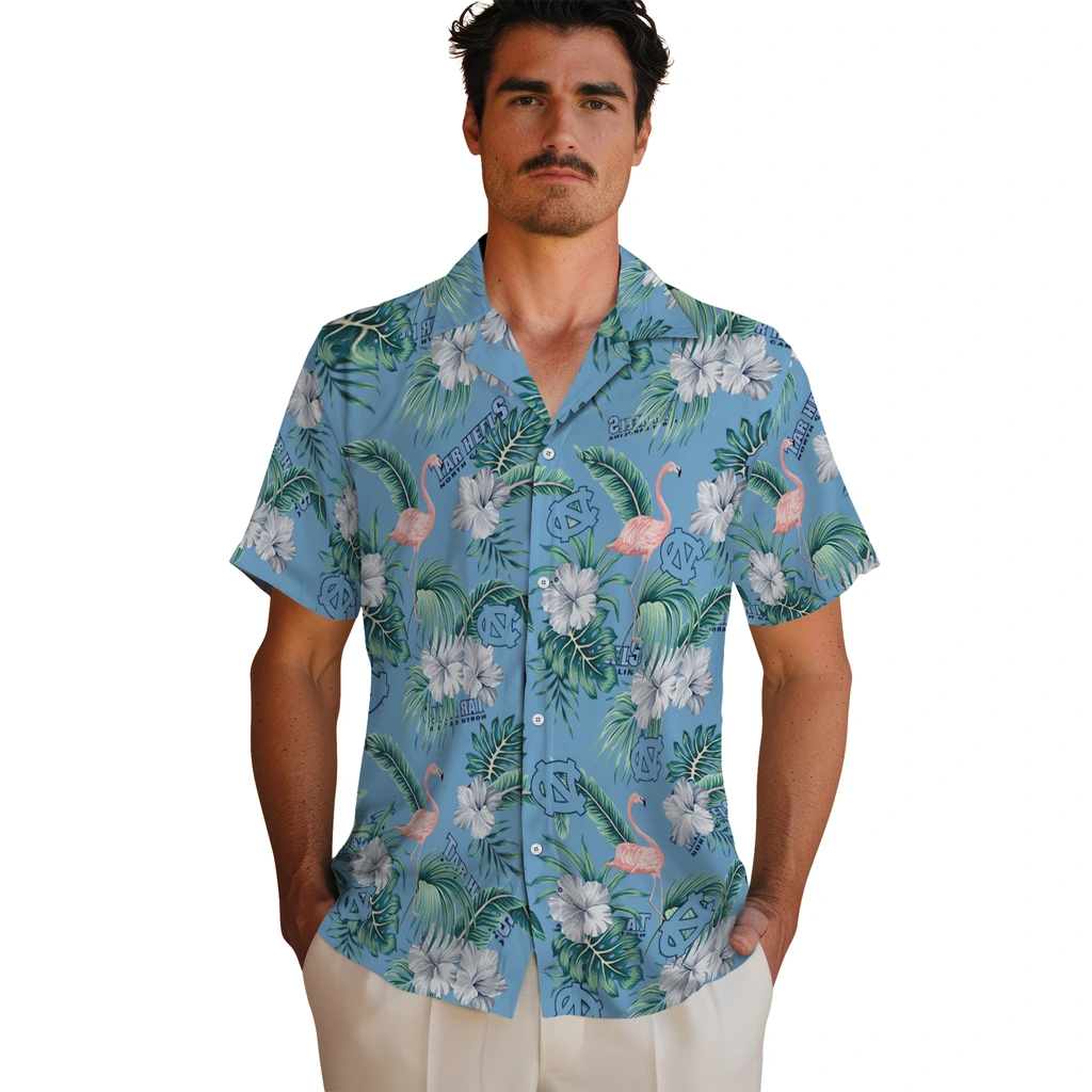 North Carolina Tar Heels Hawaiian Shirt - Flamingo and Hibiscus north carolina tar heels flamingo palms light blue hawaiian shirts fashion forward
