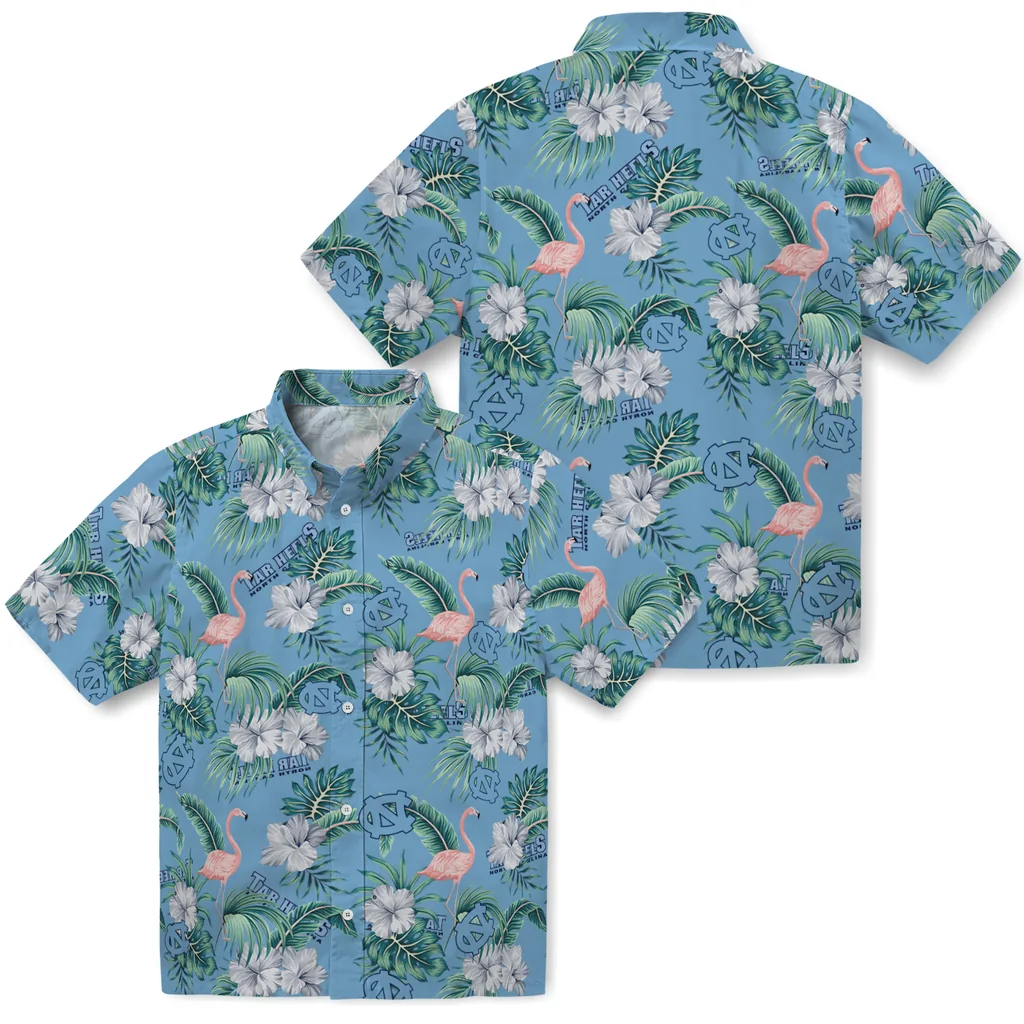 North Carolina Tar Heels Hawaiian Shirt - Flamingo and Hibiscus north carolina tar heels flamingo palms light blue hawaiian shirts high quality