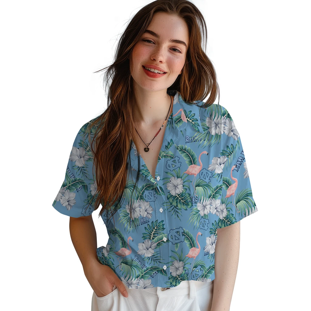 North Carolina Tar Heels Hawaiian Shirt - Flamingo and Hibiscus north carolina tar heels flamingo palms light blue hawaiian shirts latest model